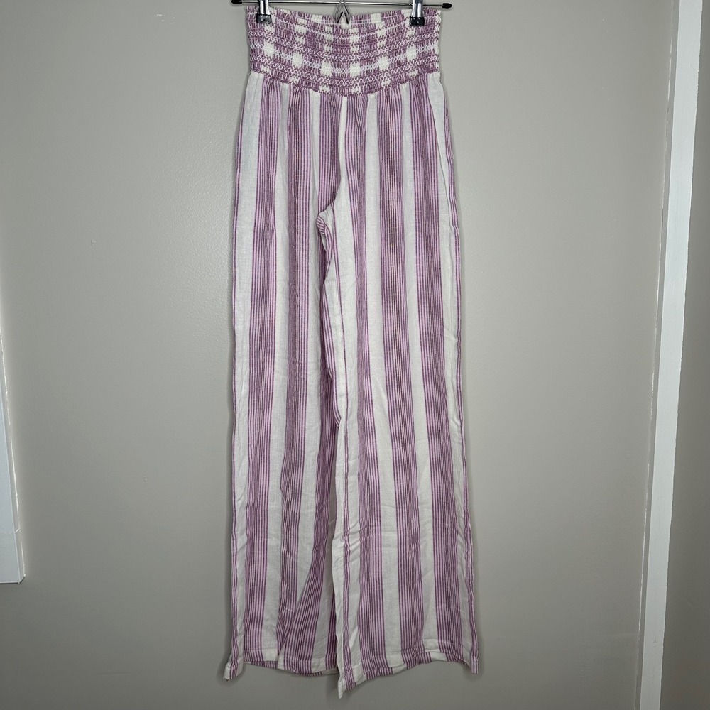 REWASH Women's Striped Smocked Waist Wide Leg High Rise Linen Blend Pants Size S